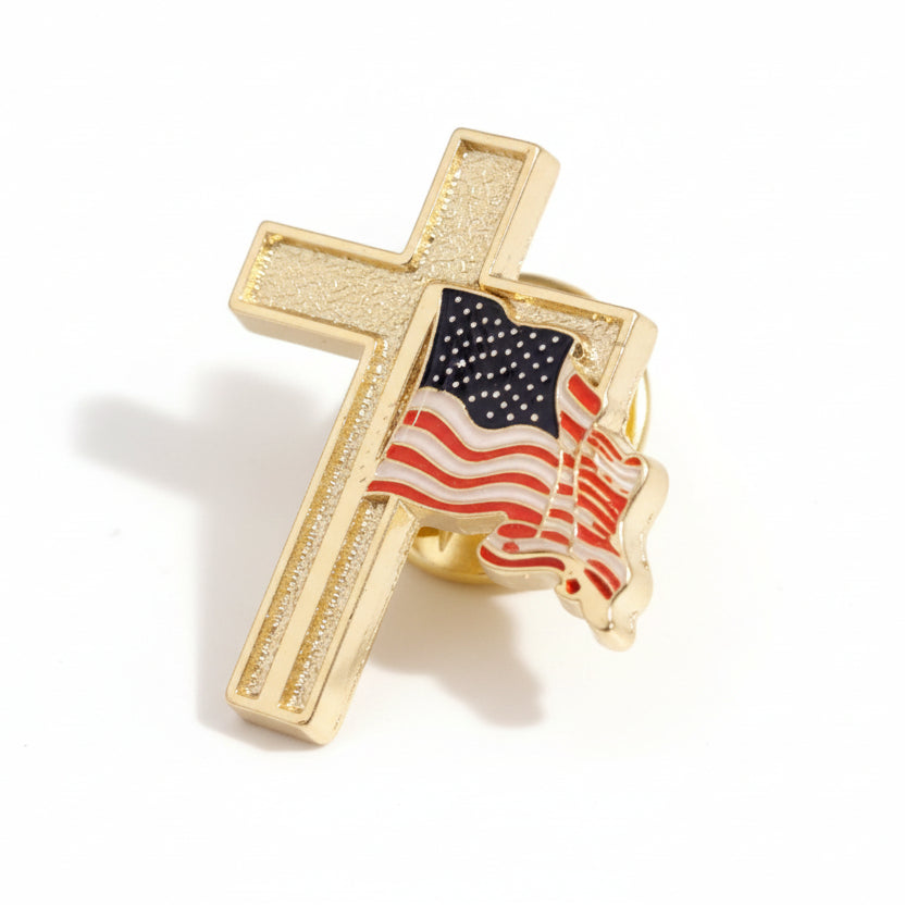 American Flag with Gold Cross Enamel Lapel Pin